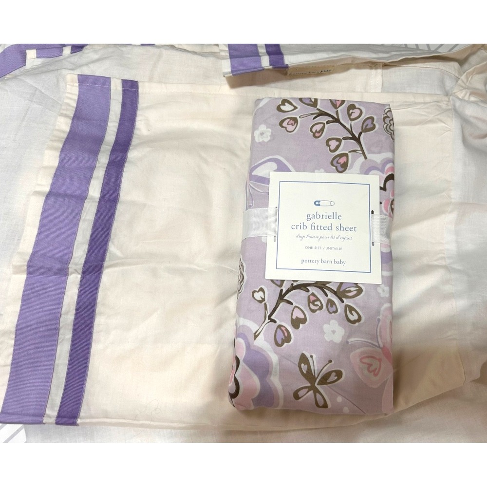 Pottery Barn Lavender Flowers Butterfly Crib Fitted Sheet Skirt LOT